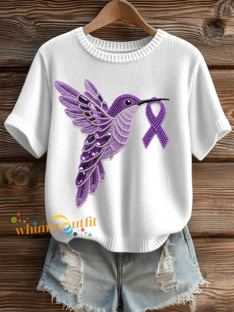 Women’s Purple Hummingbird Pattern Cozy Knit Top White / S
