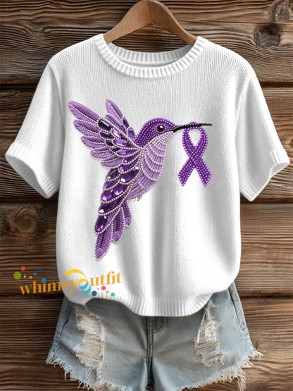 Women’s Purple Hummingbird Pattern Cozy Knit Top White / S