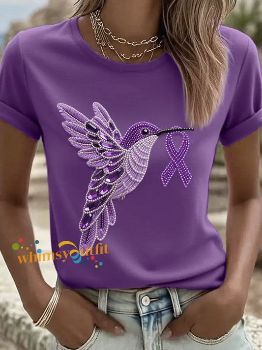 Women’s Purple Hummingbird Pattern T Shirt Deep Purple / S