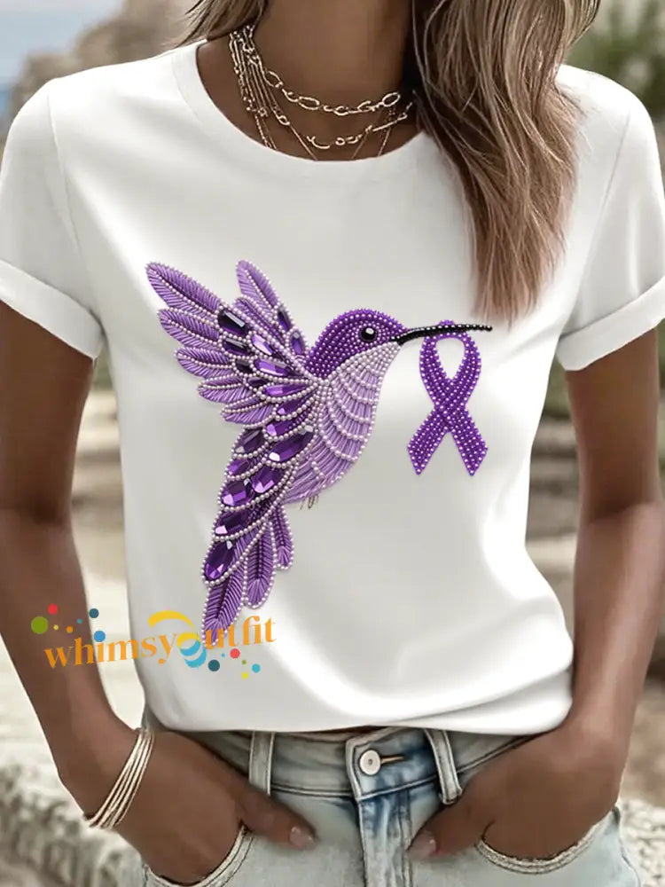 Women’s Purple Hummingbird Pattern T Shirt White / S