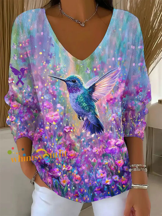 Women’s purple hummingbird V neck long sleeved top As picture / S