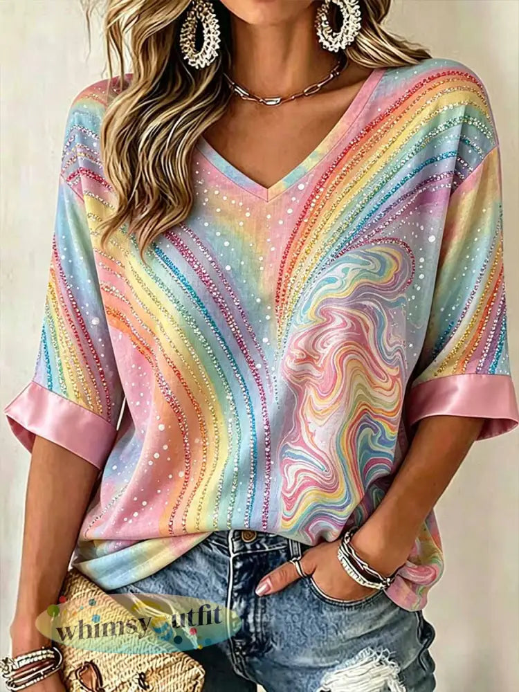 Women’s Rainbow Graffiti Print Casual T-Shirt - As picture / S