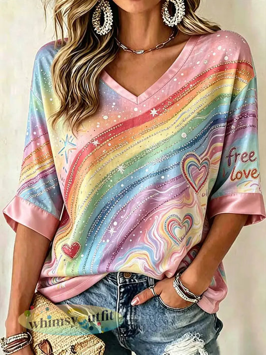 Women’s Rainbow Graffiti Print Casual T-Shirt - As picture / S