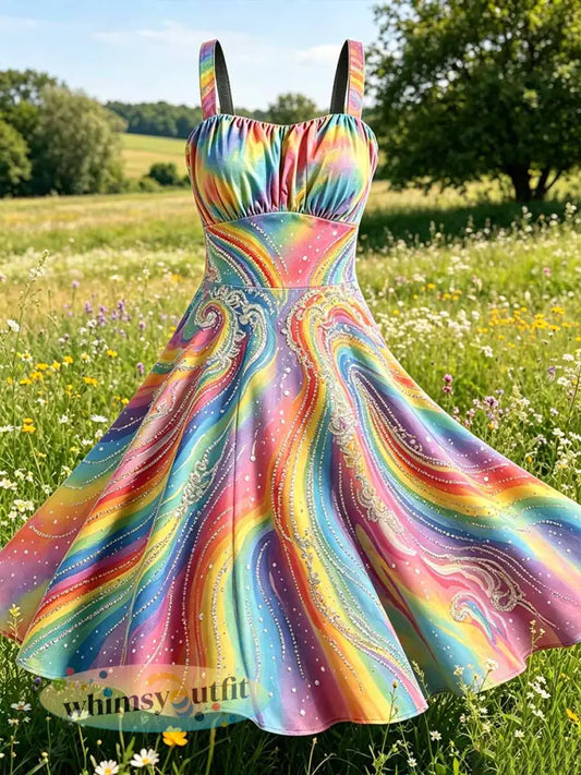 Women’s Rainbow Marble Print Casual Dress - As picture / S