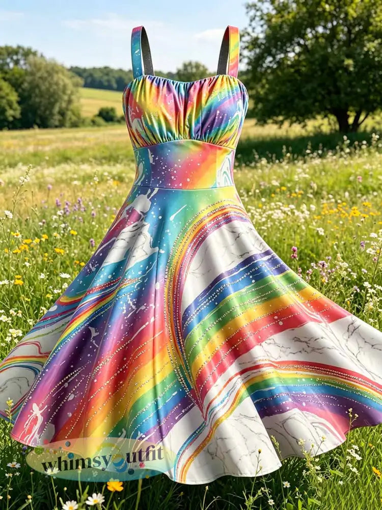 Women’s Rainbow Marble Print Casual Dress - As picture / S