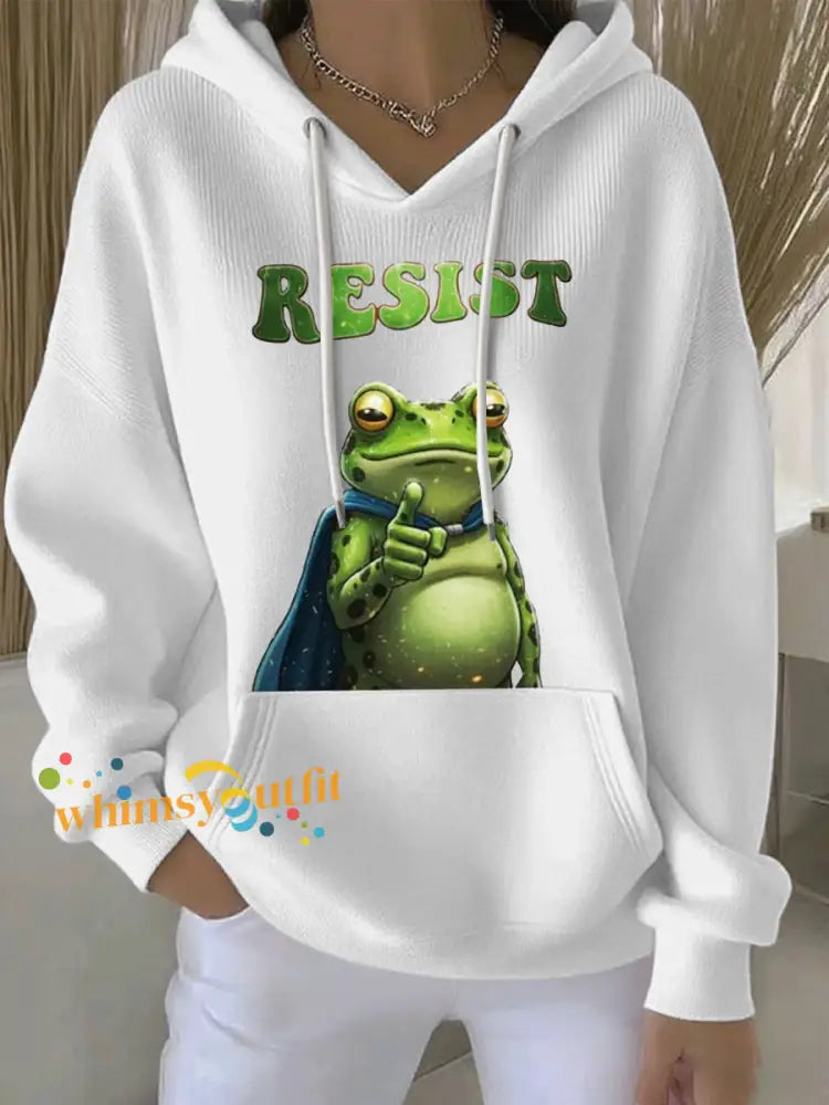 Women’s Resist Frog Print Casual Hoodie White / S