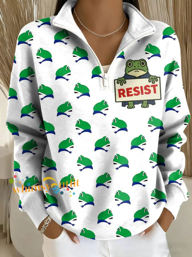 Women’s Resist Frog Printed Casual Long Sleeve Zip Sweatshirt White / S