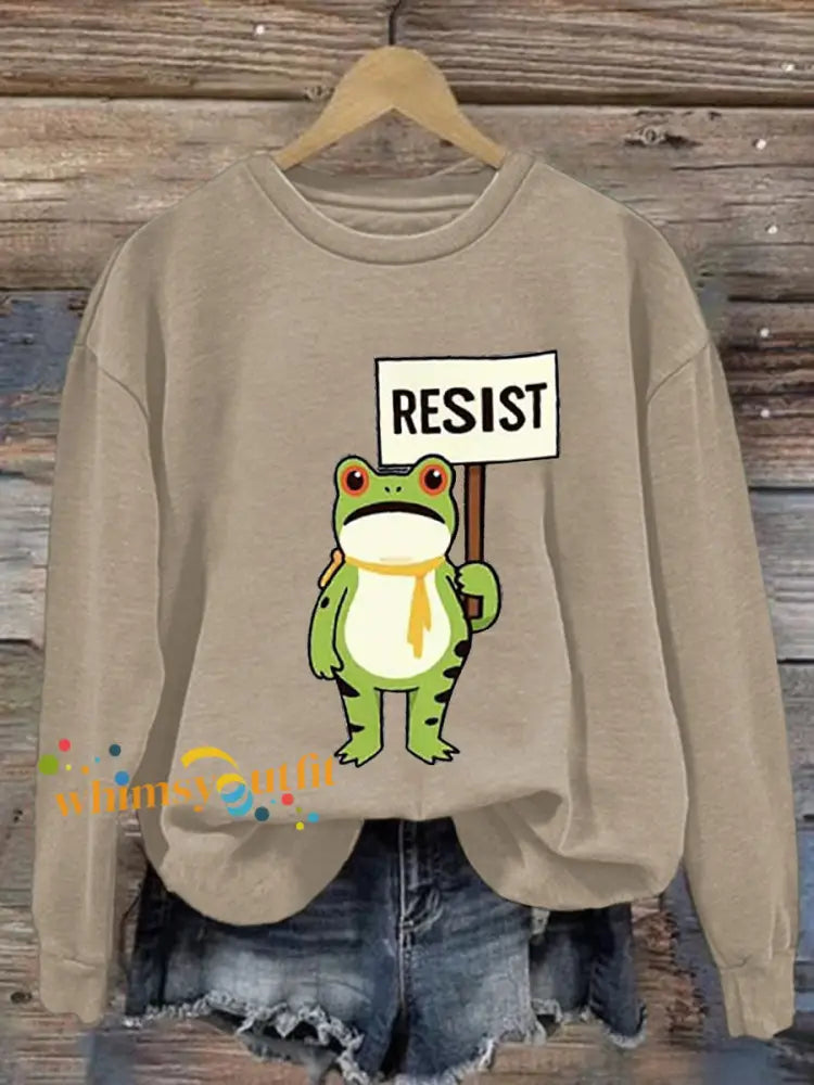Women’s Resist Frog Printed Casual Sweatshirt Apricot / S