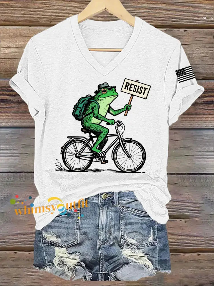 Women’s Resist Frog Printed V-neck T-shirt White / S
