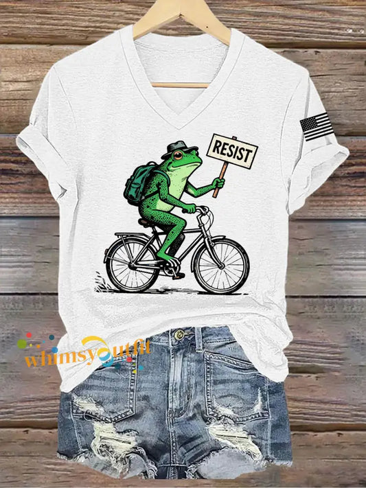 Women’s Resist Frog Printed V-neck T-shirt White / S