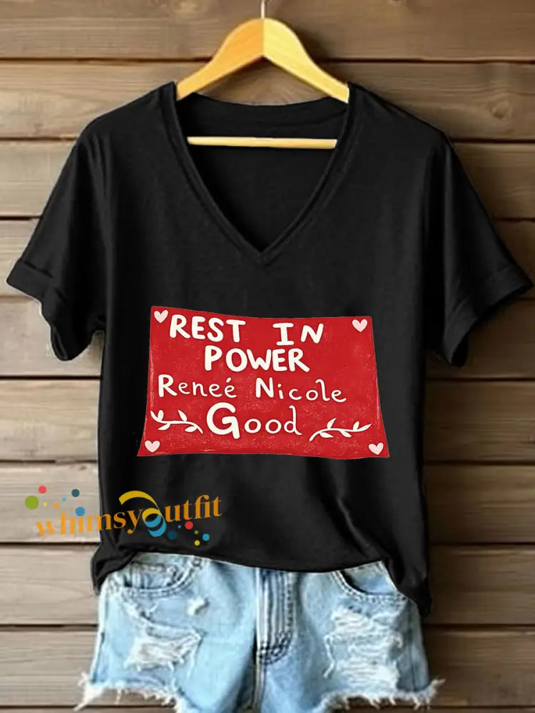 Women’s Rest in Power Renee Nicole Good Print V-Neck T-Shirt Black / S
