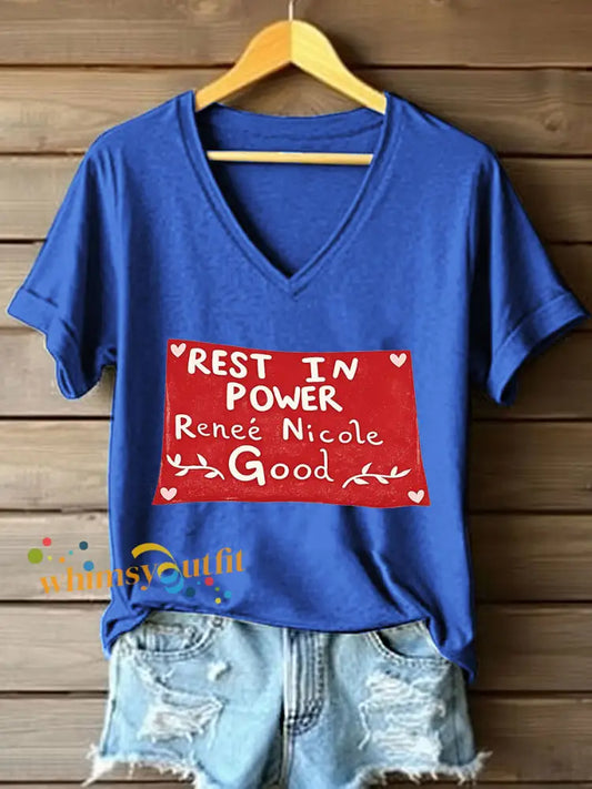 Women’s Rest in Power Renee Nicole Good Print V-Neck T-Shirt Blue / S