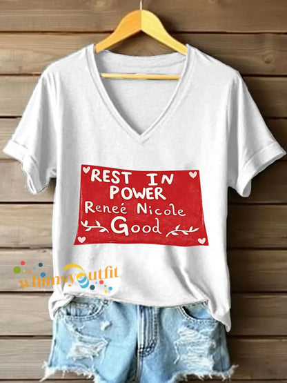 Women’s Rest in Power Renee Nicole Good Print V-Neck T-Shirt White / S