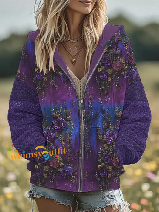 Women’s Retro 3D Floral Embroidery Gradient Pattern Hooded Zipper Oversized Cardigan Purple / S