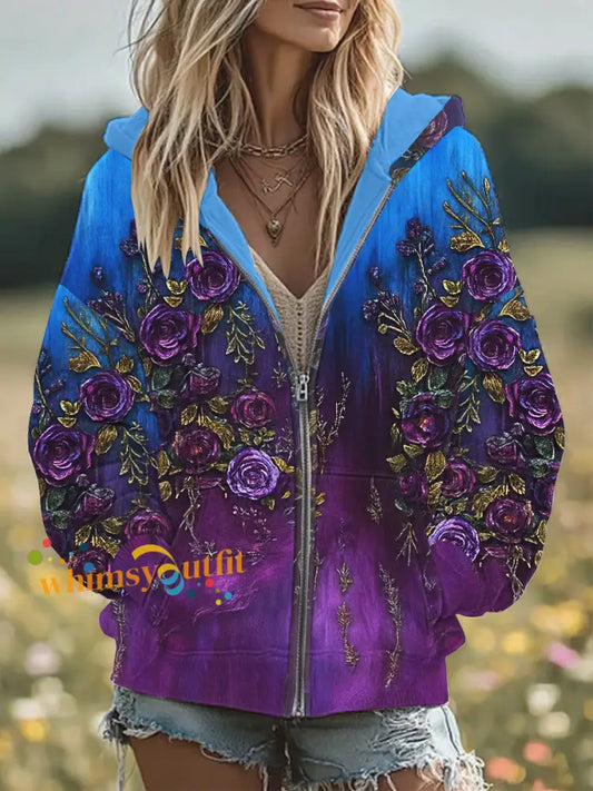 Women’s Retro 3D Floral Embroidery Gradient Pattern Hooded Zipper Oversized Cardigan Purple / S