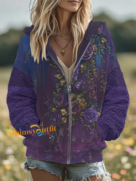Women’s Retro 3D Floral Embroidery Gradient Pattern Hooded Zipper Oversized Cardigan Purple / S