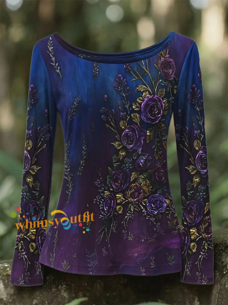 Women’s Retro 3D Floral Embroidery Gradient Pattern Round Neck Long Sleeve T shirt Purple / S