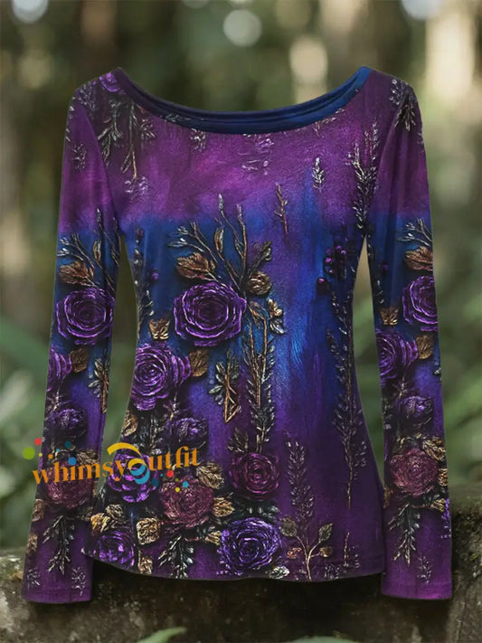 Women’s Retro 3D Floral Embroidery Gradient Pattern Round Neck Long Sleeve T shirt Purple / S