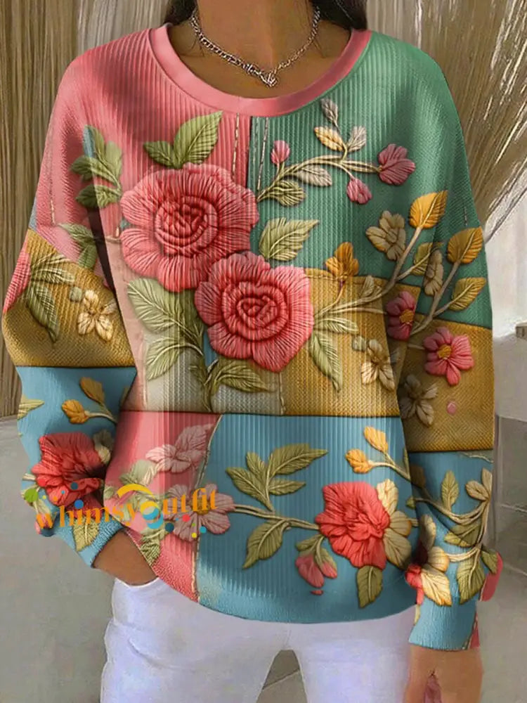 Women’s Retro Art Floral Ribbed Round-Neck Sweatshirt As picture / S