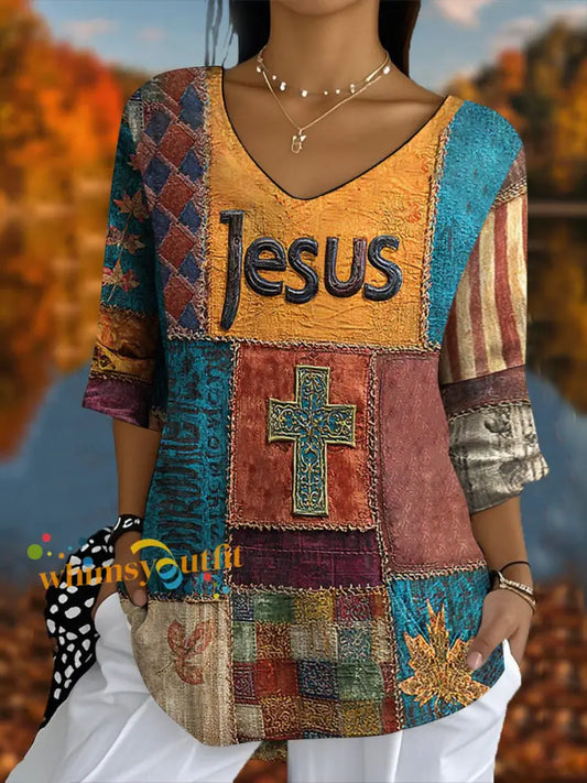 Women’s Retro Casual Faith Cross Art Print Half Sleeve T Shirt As picture / S