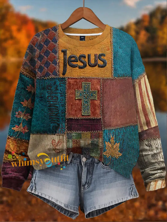 Women’s Retro Casual Faith Cross Art Print Long Sleeve Sweatshirt As picture / S