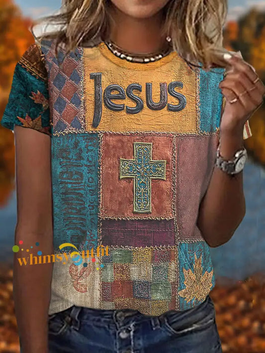 Women’s Retro Casual Faith Cross Art Print Short Sleeve T shirt As picture / S