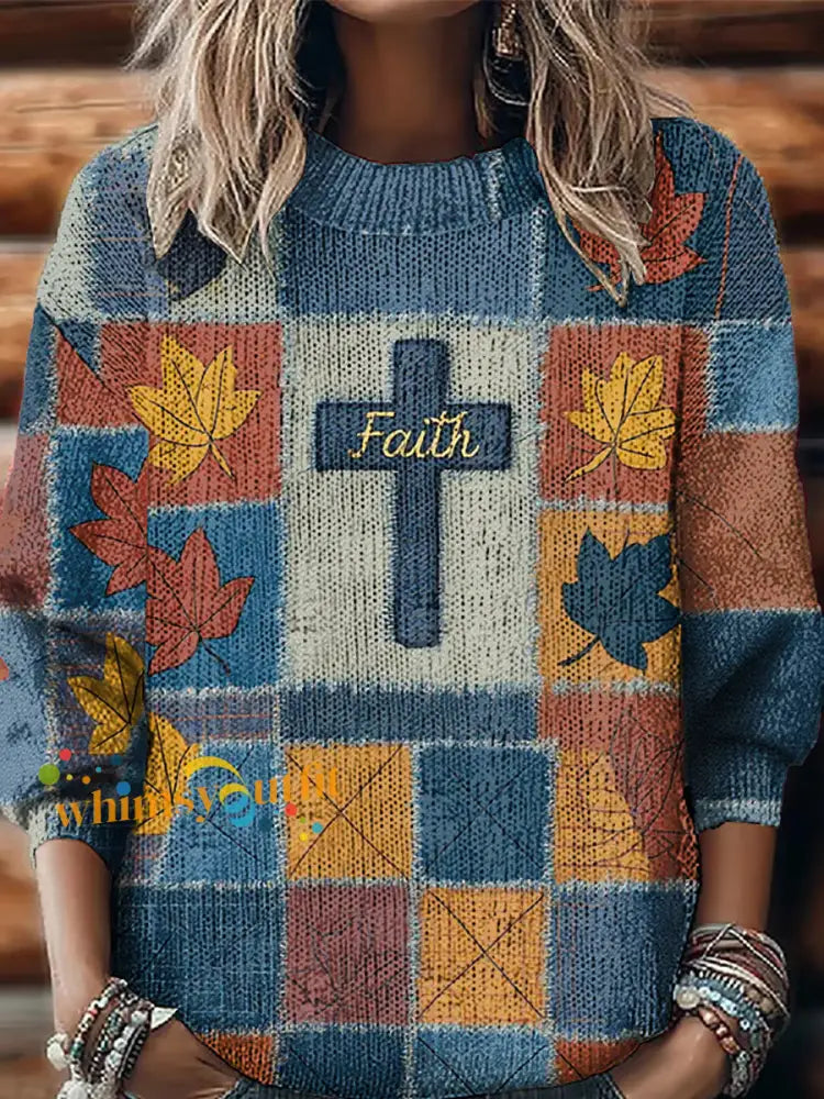 Women’s Retro Casual Faith Cross Art Print Sweatshirt Light Blue / S