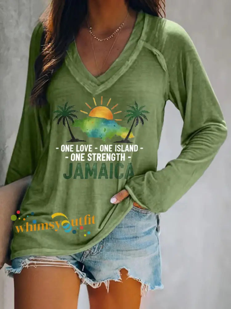 Women’s Retro Jamaica Strong One Love One Island One Strength V-Neck T-Shirt Green / S