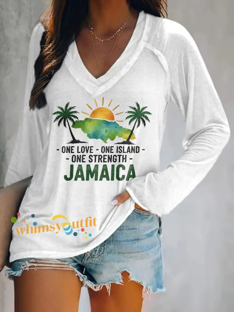 Women’s Retro Jamaica Strong One Love One Island One Strength V-Neck T-Shirt White / S