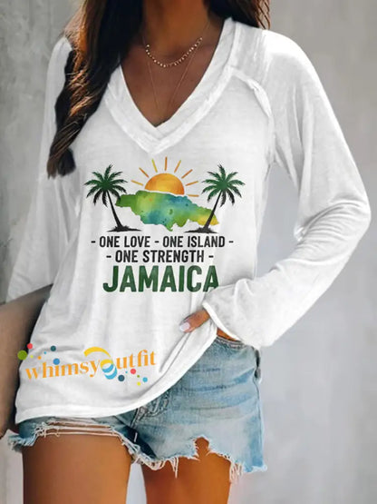 Women’s Retro Jamaica Strong One Love One Island One Strength V-Neck T-Shirt White / S