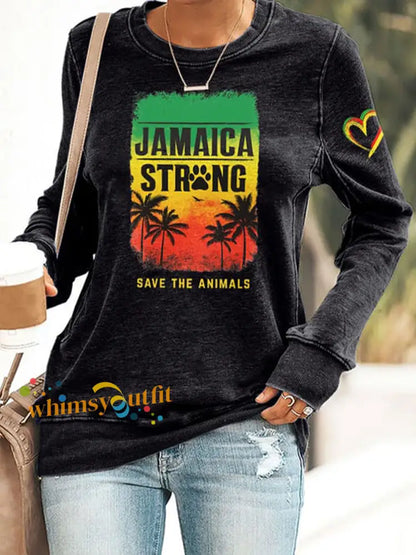 Women’s Retro Jamaica Strong Save The Animals Reggae Red Green And Gold Print Sweatshirt Black / S