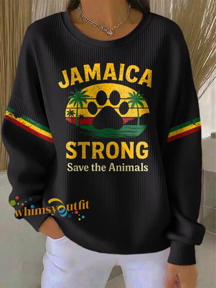 Women’s Retro Jamaica Strong Save The Animals Reggae Red Green And Gold Print Sweatshirt Black / S