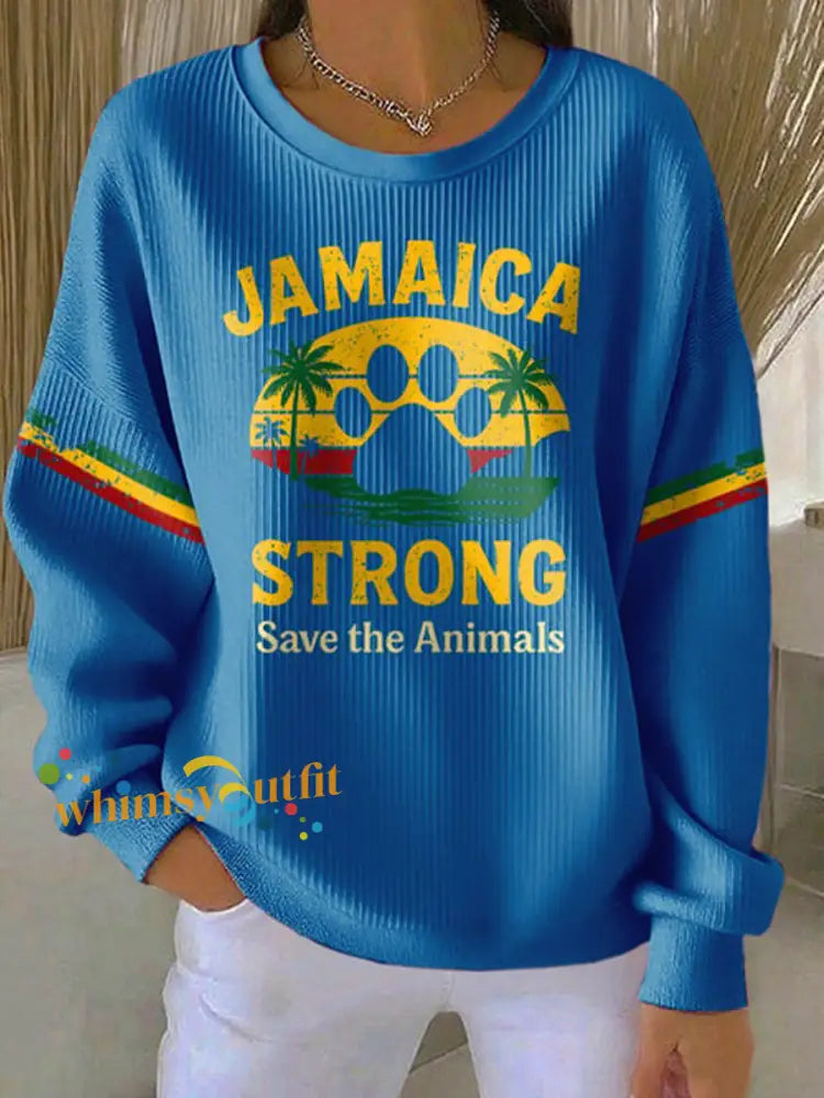 Women’s Retro Jamaica Strong Save The Animals Reggae Red Green And Gold Print Sweatshirt Blue / S