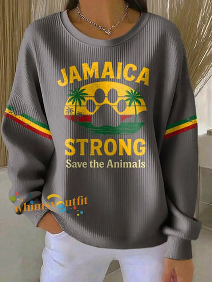 Women’s Retro Jamaica Strong Save The Animals Reggae Red Green And Gold Print Sweatshirt Gray / S