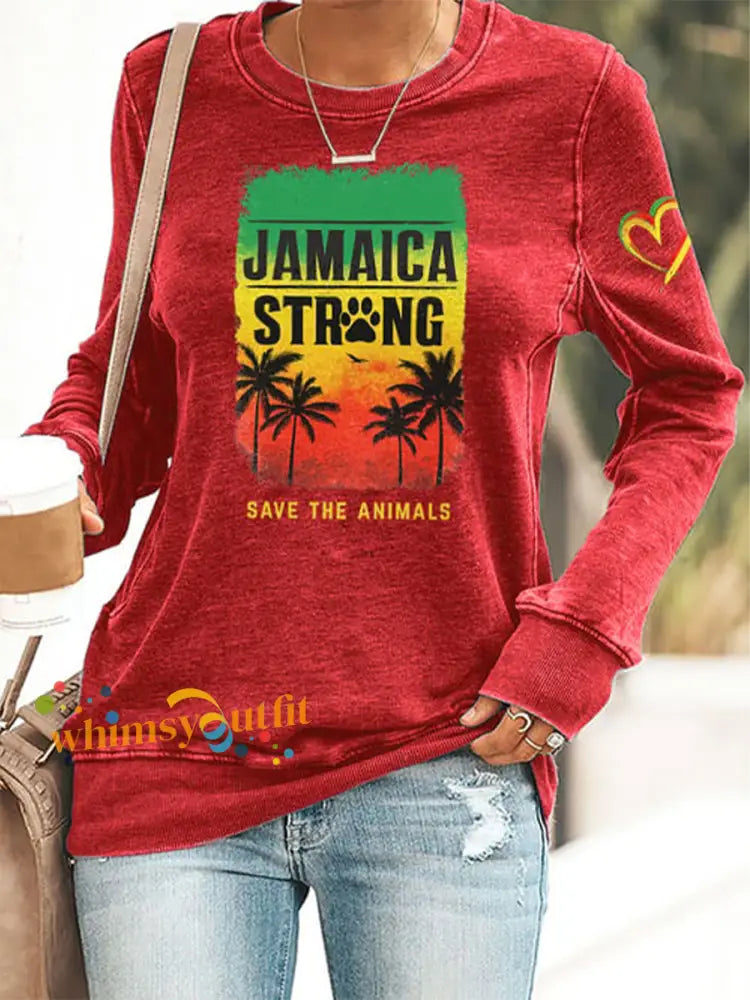 Women’s Retro Jamaica Strong Save The Animals Reggae Red Green And Gold Print Sweatshirt Red / S