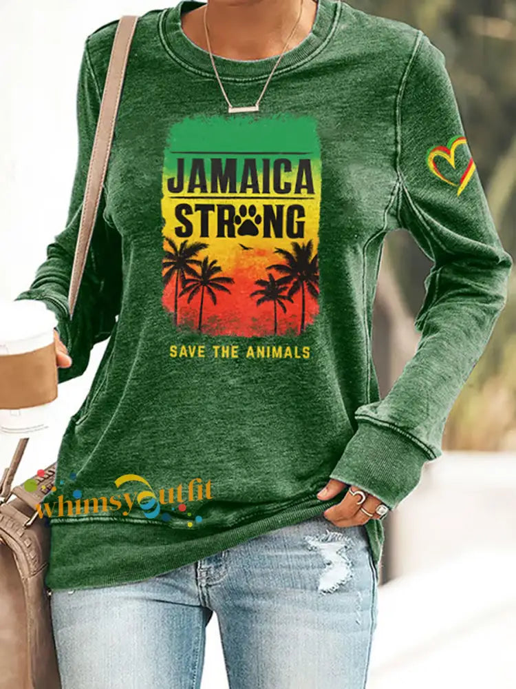 Women’s Retro Jamaica Strong Save The Animals Reggae Red Green And Gold Print Sweatshirt Green / S