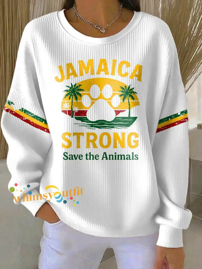Women’s Retro Jamaica Strong Save The Animals Reggae Red Green And Gold Print Sweatshirt White / S
