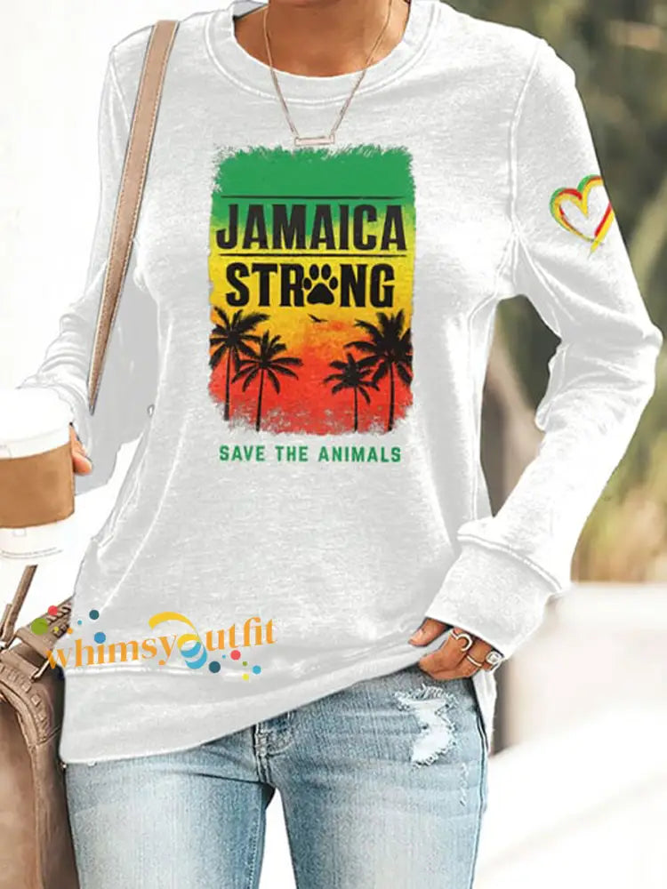 Women’s Retro Jamaica Strong Save The Animals Reggae Red Green And Gold Print Sweatshirt White / S