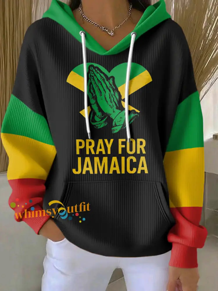 Women’s Retro Pray For Jamaica Jamaica Strong Cross Reggae Red Green And Gold Print Hoodie As picture / S
