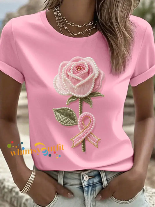 Women’s Rhinestone Art Pink Ribbon and Floral Pattern T Shirt Pink / S