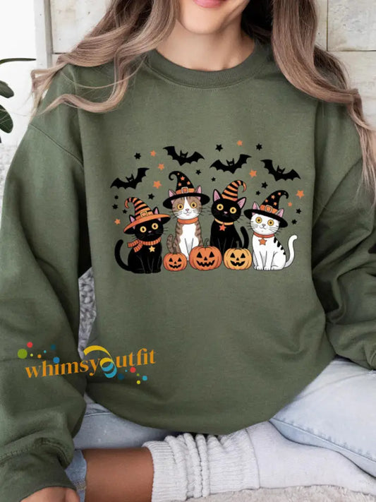 Women’s Round Neck Halloween Black Cat Pumpkin Embroidery Loose Long Sleeve Top Army Green / S