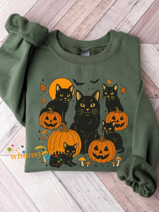 Women’s Round Neck Halloween Black Cat Pumpkin Embroidery Loose Long Sleeve Top Army Green / S