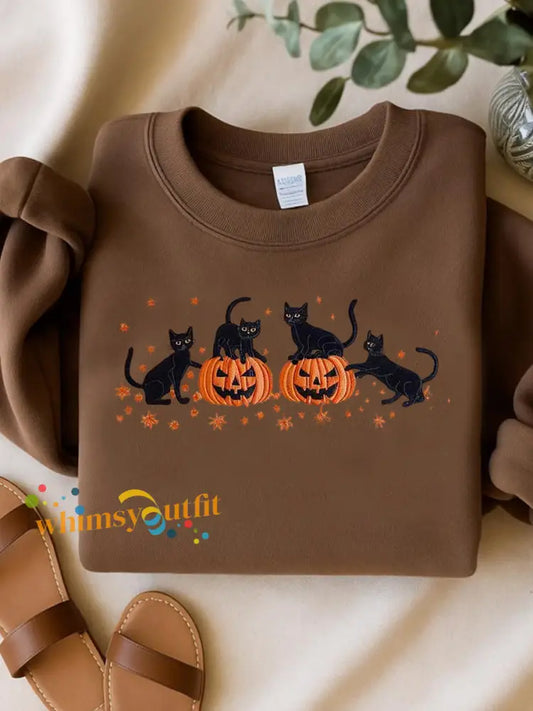 Women’s Round Neck Halloween Black Cat Pumpkin Embroidery Loose Long Sleeve Top Coffee / S