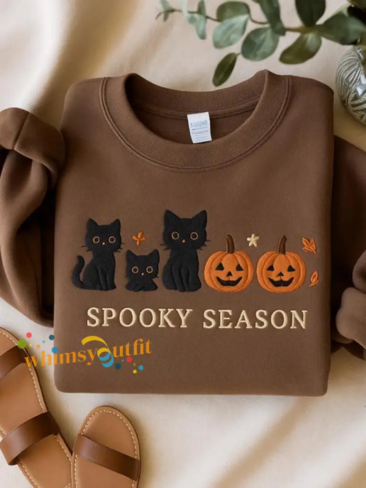 Women’s Round Neck Halloween Black Cat Pumpkin Embroidery Loose Long Sleeve Top Coffee / S