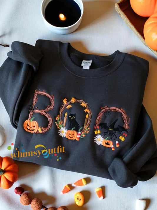 Women’s Round Neck Halloween Black Cat Pumpkin Embroidery Loose Long Sleeve Top Black / S
