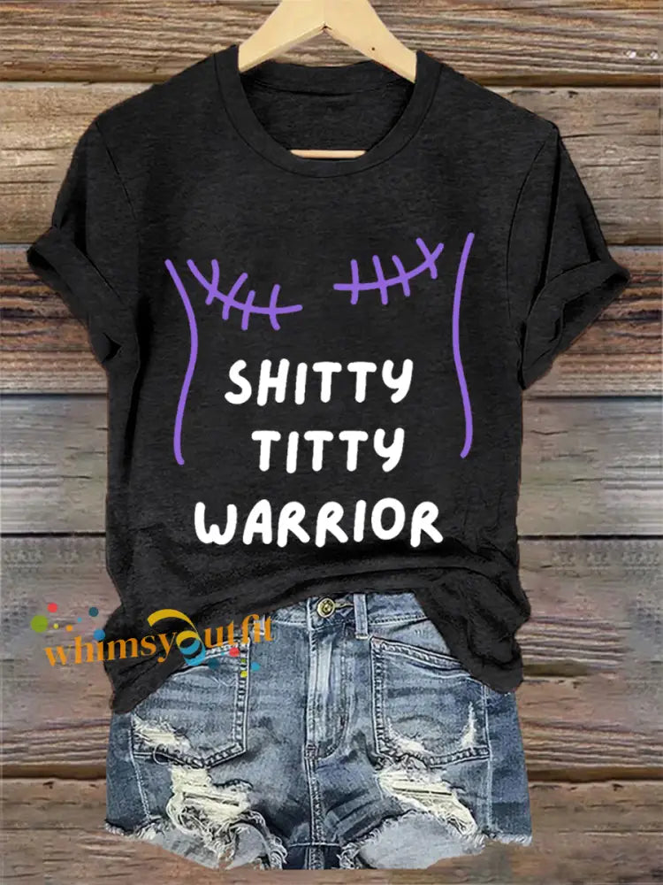 Women’s Shitty Titty Warrior Breast Cancer Awareness Support Tee Black / S