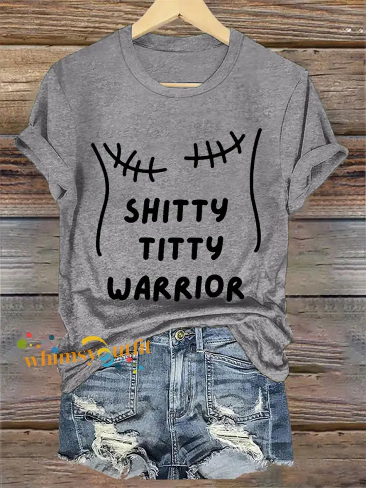 Women’s Shitty Titty Warrior Breast Cancer Awareness Support Tee Light Gray / S