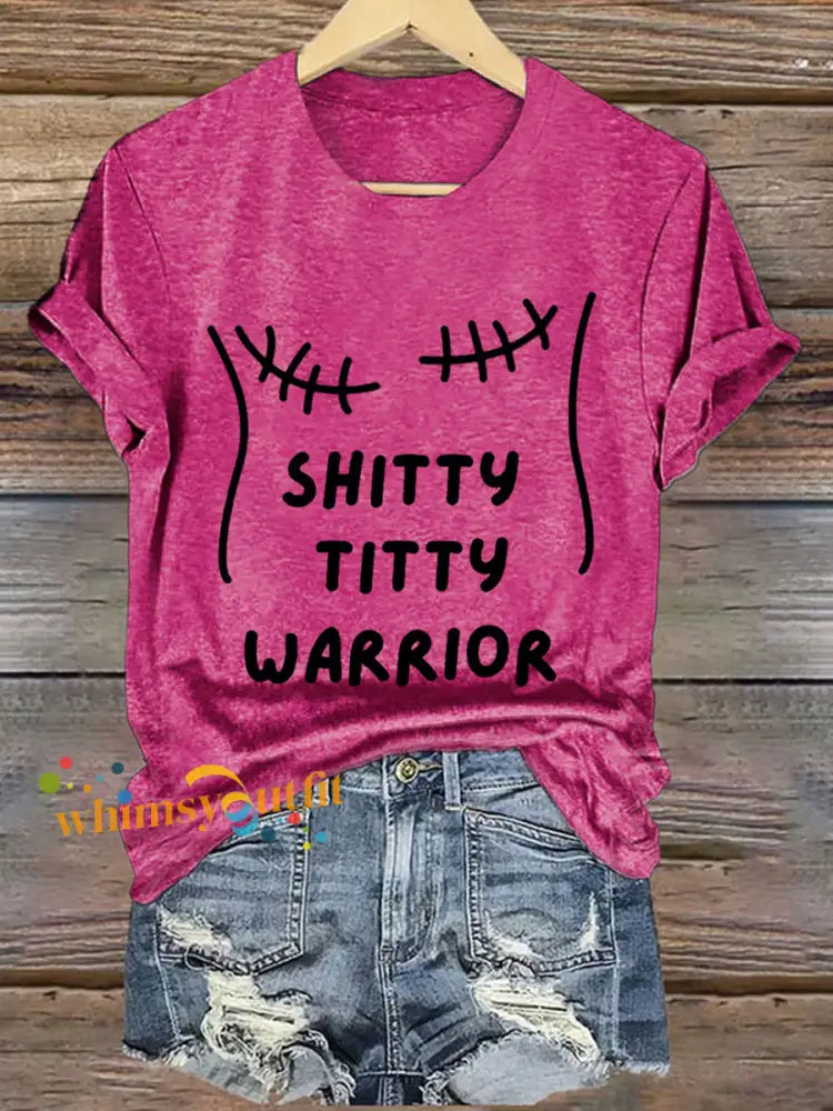Women’s Shitty Titty Warrior Breast Cancer Awareness Support Tee Rose Red / S