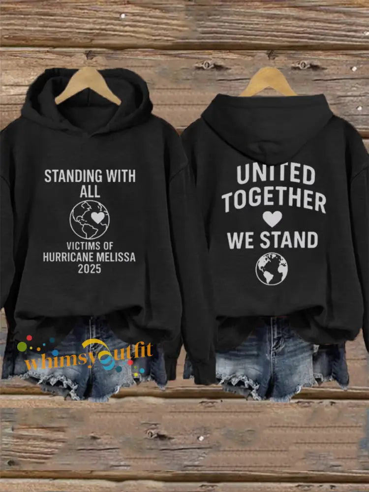 Women’s Standing With All Victims Of Hurricane Melissa United Together We Stand Hoodie Black / S