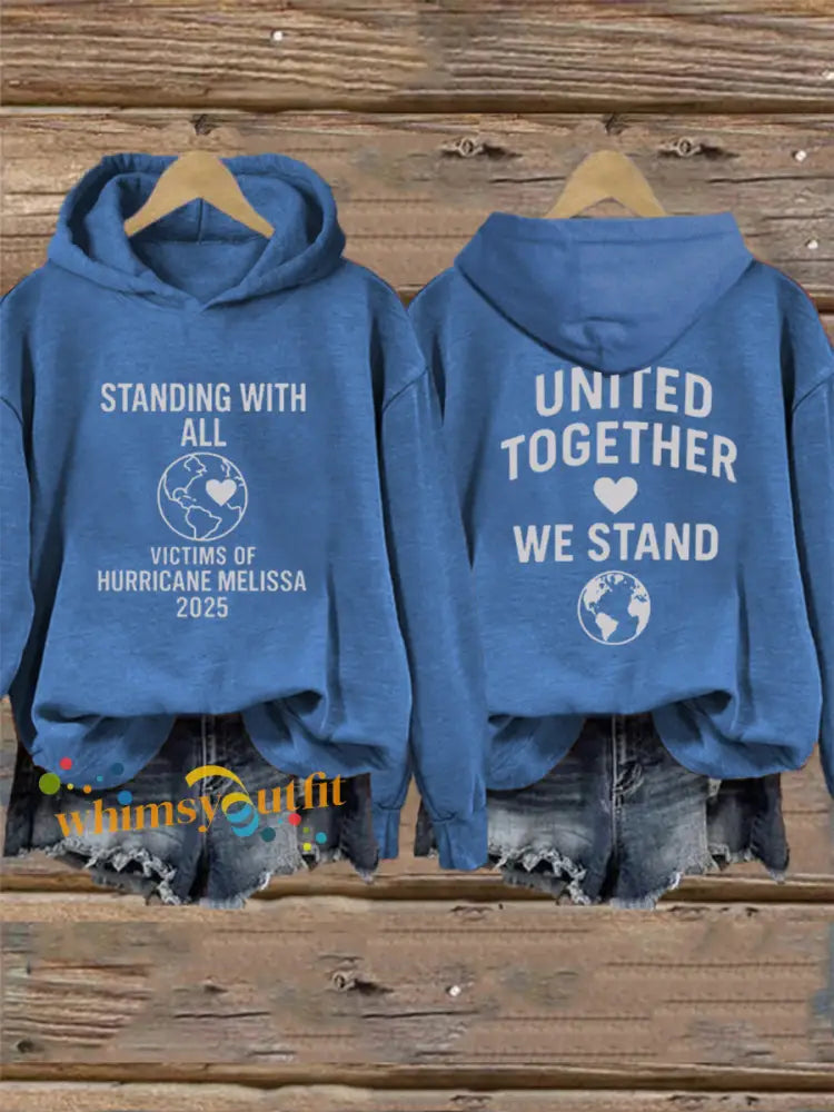 Women’s Standing With All Victims Of Hurricane Melissa United Together We Stand Hoodie Blue / S